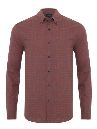 Germirli Gray Red Button-down Collar Albini Tailor Fit Relaxed Fit Checkered Thin Flannel Shirt - Germirli 
