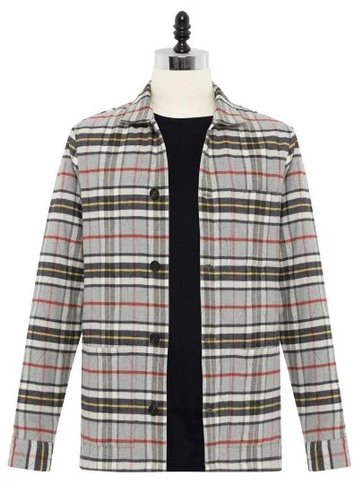 Germirli Grey White Plaid Quilted Stitched Flannel Thomas Mason Tailor Fit Relaxed Fit Jacket Shirt - Germirli 