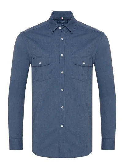 Germirli Indigo Blue Hidden Button Collar Flap Pocket Tailor Fit Sport Oxford Men's Shirt - Germirli 