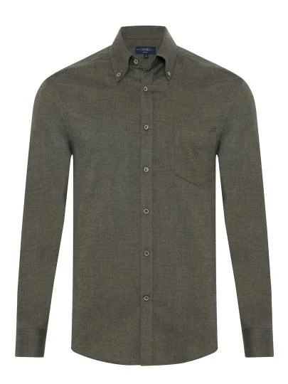 Germirli Khaki Herringbone Pattern Albini Cotton Lyocell Tencel Tailor Fit Flannel Shirt - Germirli 
