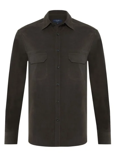 Germirli Khaki Thin Velvet Soft Collar Albini Tailor Fit Utility Pure Cotton Shirt - Germirli 
