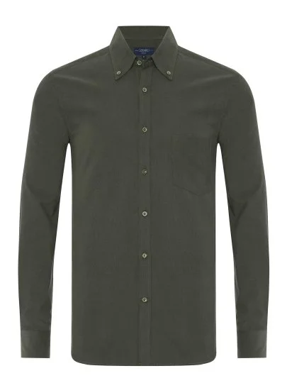 Germirli Khaki Green Ribbed Plain Tailor Fit Relaxed Fit Button-down Collar Albini Thin Velvet Shirt - Germirli 
