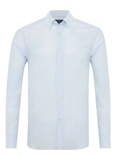 Light Blue Voile Button-Down Collar Tailor Fit Cotton Shirt with Germirli - Germirli 