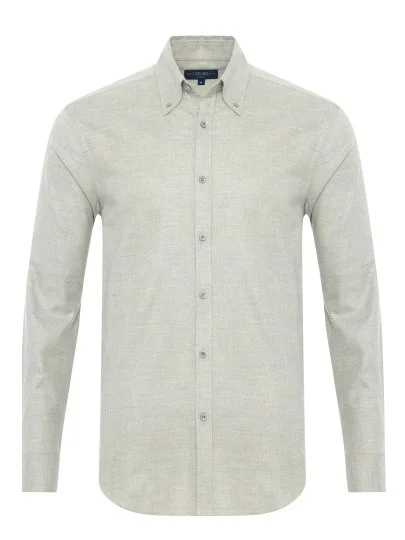 Germirli Light Grey Button-Down Collar Albini Cotton Tencel Tailor Fit Relaxed Fit Herringbone Flannel Shirt - Germirli 