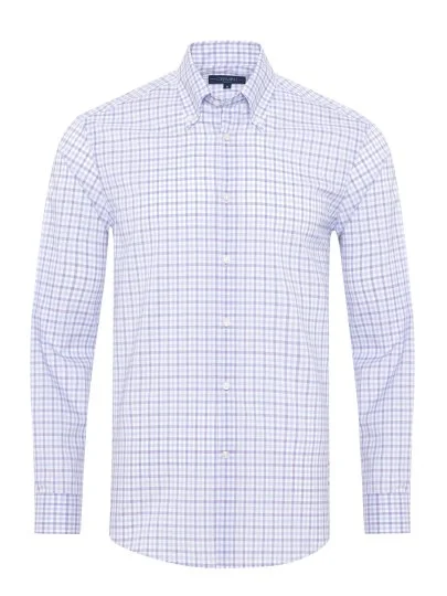 Germirli Lilac Blue White Checkered Button-down Collar Tailor Fit Journey Non Iron Cotton Shirt - Germirli 