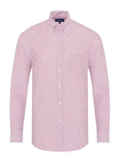 Germirli Burgundy Striped Button-Down Collar Pocket Tailor Fit Sport Oxford Men's Shirt - Germirli 