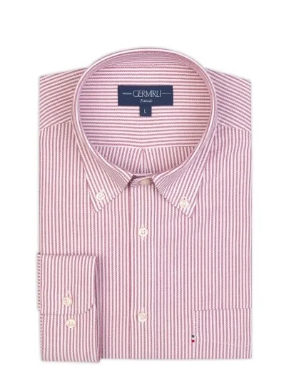 Germirli Burgundy Striped Button-Down Collar Pocket Tailor Fit Sport Oxford Men's Shirt - Germirli 