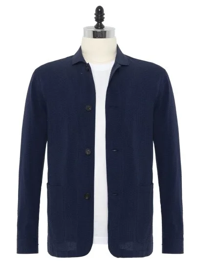 Germirli Navy Blue Seersucker Texture Tailor Fit Cotton Beyoğlu Jacket Shirt - Germirli 