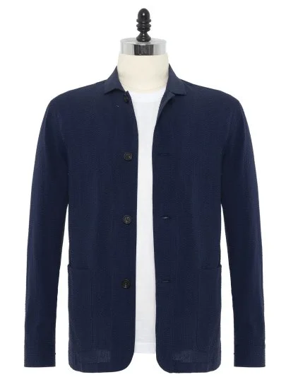 Germirli Navy Blue Seersucker Texture Tailor Fit Cotton Beyoğlu Jacket Shirt - Germirli 