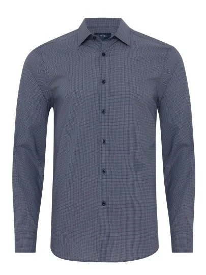 Germirli Navy Blue Small Patterned Soft Collar Tailor Fit Cotton Shirt - Germirli 