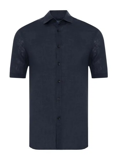 Germirli Navy Blue Soft Collar Tailor Fit Short Sleeve Linen Shirt - Germirli 