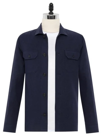Germirli Navy Blue Flannel Cotton Lyocell Tailor Fit Relaxed Fit Jacket Shirt - Germirli 
