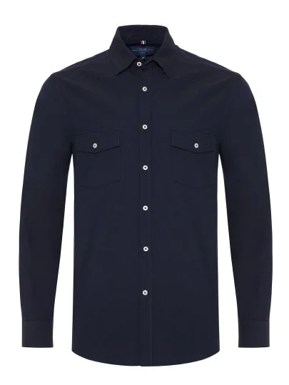 Germirli Navy Hidden Button Collar Flap Pocket Tailor Fit Sport Oxford Men's Shirt - Germirli 