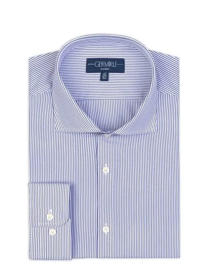 Germirli Navy Blue White Striped Tailor Fit 120/2 Journey Twill Non Iron Cotton Italian Collar Shirt - Germirli 