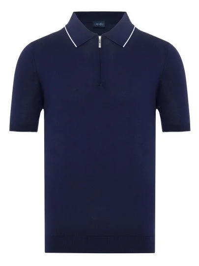 Germirli Navy Blue Zippered Polo Collar Cotton Regular Fit Sweater - Germirli 
