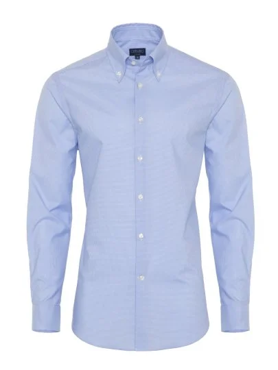 Non Iron Light Blue Checkered Button-Down Collar Tailor Fit Shirt with Germirli - Germirli 