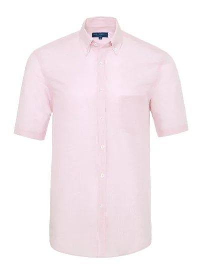 Germirli Pink White Striped Linen Cotton Short Sleeve Button Down Collar Pocket Tailor Fit Shirt - Germirli 