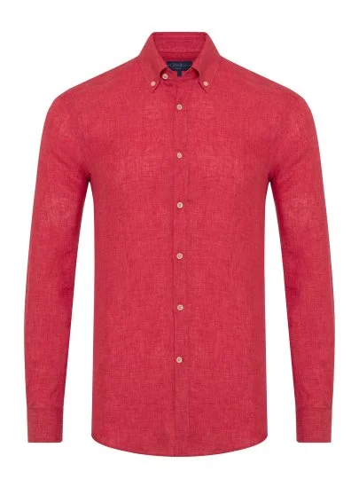 Germirli Pomegranate Flower Button-Down Collar Tailor Fit Delave Linen Shirt - Germirli 