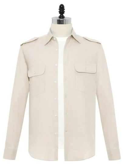 Germirli Sand Beige Color Cotton Tencel Epaulette Cover Pocket Foldable Sleeve Hello Shirt - Germirli 