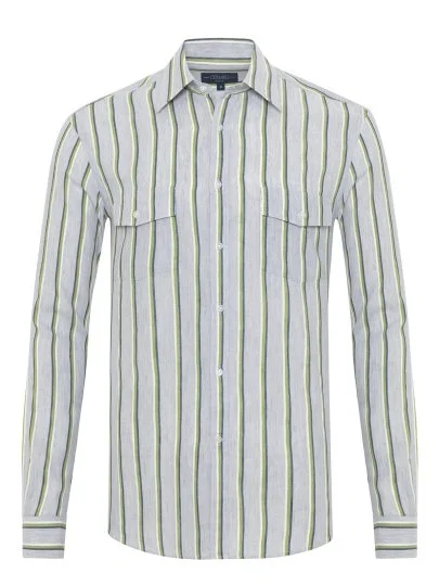 Germirli Soft Collar Double Flap Pocket Tailor Fit Grey Green Navy Striped Cotton Linen Shirt - Germirli 
