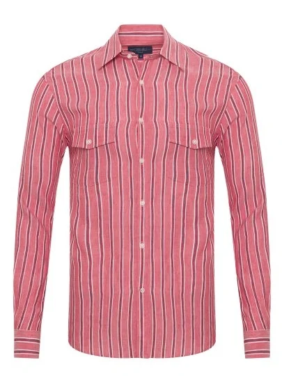 Germirli Soft Collar Double Flap Pocket Tailor Fit Grey Red Navy Striped Cotton Linen Shirt - Germirli 