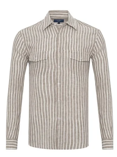Germirli Soft Collar Double Flap Pocket Tailor Fit Khaki White Striped Pure Linen Shirt - Germirli 