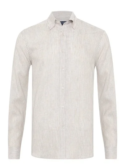 Germirli Thomas Mason Natural White Striped Button-Down Collar Tailor Fit Linen Shirt - Germirli 