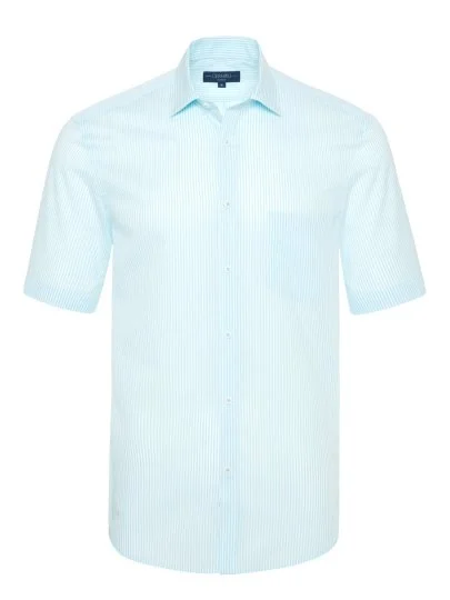 Germirli Turquoise White Striped Short Sleeve Classic Collar Pocket Tailor Fit Shirt - Germirli 