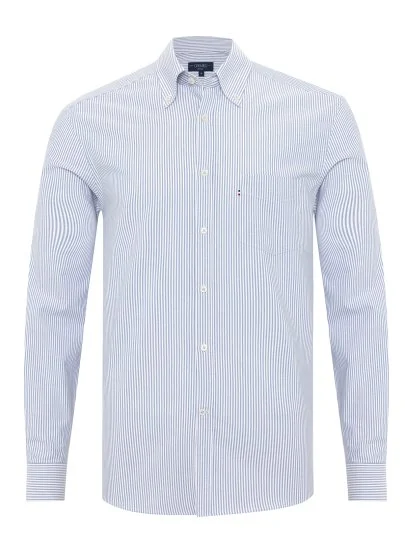 Germirli White Blue Striped Albiate Button-down Collar Pocket Tailor Fit Oxford Sport Shirt - Germirli 