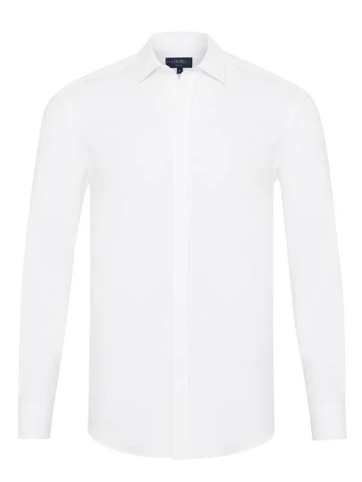 Germirli White Hidden Placket Soft Collar Tailor Fit Diagonal Pattern Cotton Shirt - Germirli 