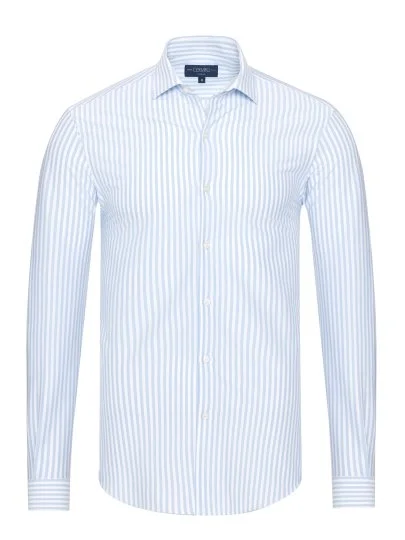 Germirli White Light Blue Striped 3D Germirli Slim Fit Active Cotton Shirt - Germirli 