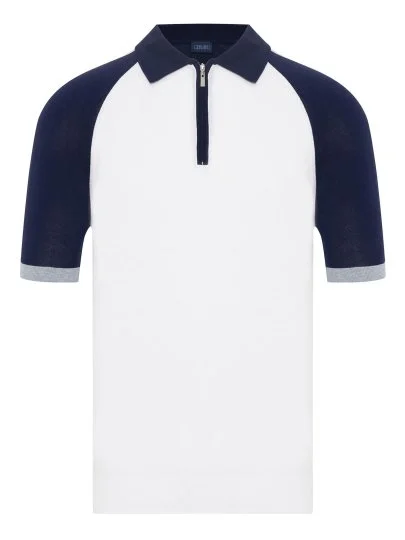 Germirli White Navy Blue Zippered Polo Collar Cotton Regular Fit Sweater - Germirli 