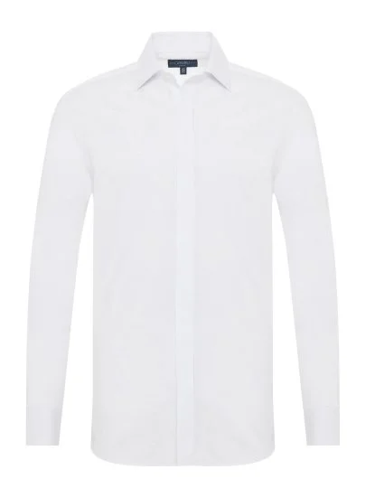 Germirli White Poplin Textured Classic Collar Tailor Fit Hidden Placket Cotton Elastane Shirt - Germirli 