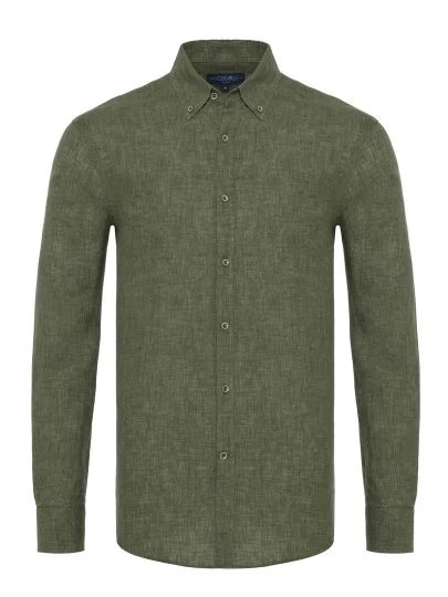 Green Button-Down Collar Tailor Fit Delave Linen Shirt with Germirli - Germirli 