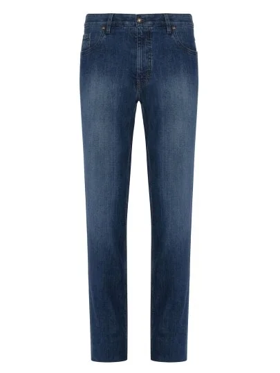 Hiltl Blue Washed Cotton Elastane 5 Pocket Regular Fit Denim Men's Trousers - Hiltl