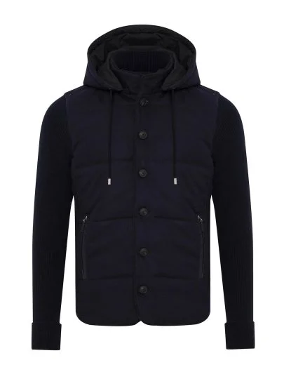 La Fileria Navy Blue Filled, Hooded Wool Men's Jacket Knitwear - La Fileria