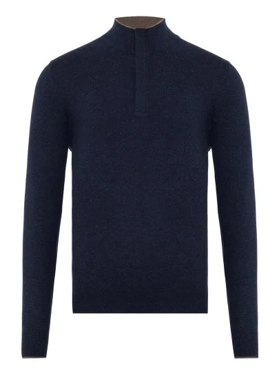 La Fileria Navy Blue Wool Cashmere Suede Zippered Sweater - La Fileria
