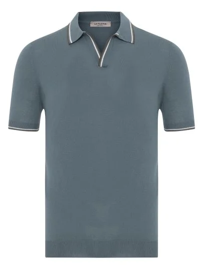 La Fileria Ocean Blue Polo Collar Cotton Regular Fit Sweater - La Fileria