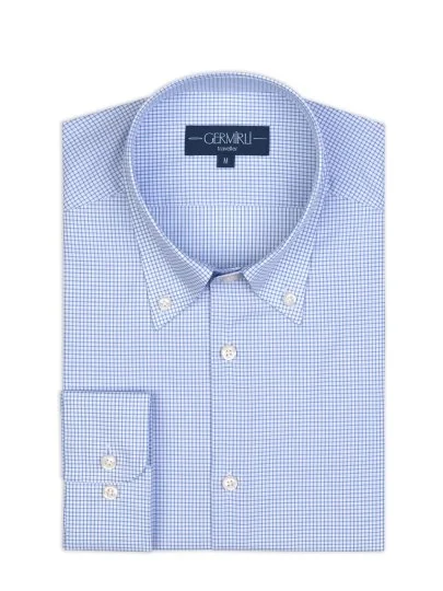 Non Iron Blue Square Patterned Button-down Collar Tailor Fit Journey Checkered Shirt with Germirli Pattern - Germirli 