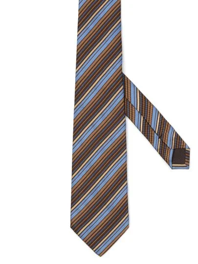 Feraud Kahverengi Mavi İnce Çizgili İpek İtalyan Kravat - Feraud