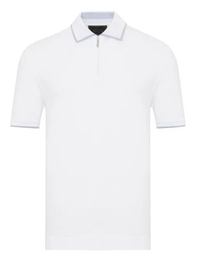 Gallus Beyaz Fermuarlı Polo Yaka Pike Merserize Regular Fit Tişört - Gallus
