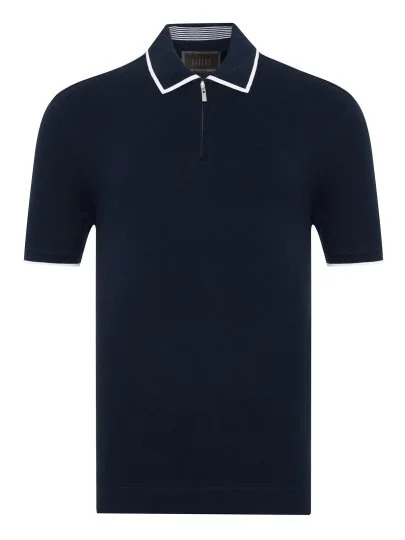 Gallus Lacivert Fermuarlı Polo Yaka Pike Merserize Regular Fit Tişört - Gallus
