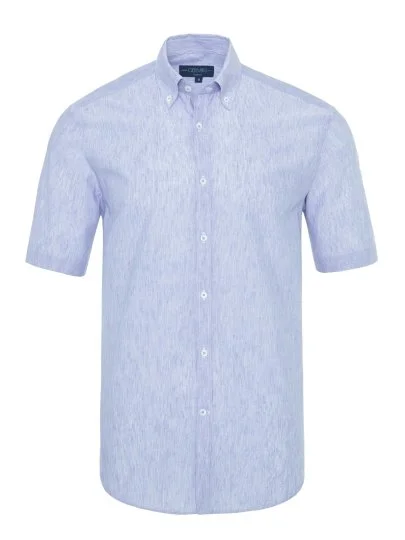 Germirli Açık Mavi Beyaz Çizgili Keten Pamuk Kısa Kollu Düğmeli Yaka Tailor Fit Gömlek - Germirli 