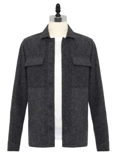 Germirli Albiate Gri Balıksırtı Desen Utility Yünlü Ceket Gömlek - Germirli