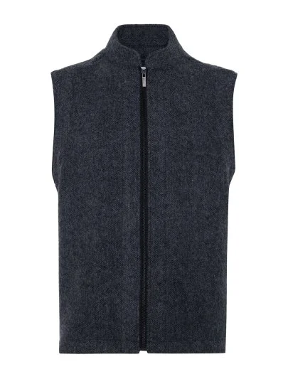 Germirli Albiate Indigo Mavi Balıksırtı Desen Fermuarlı Rahat Kalıp Yünlü Yelek - Germirli 