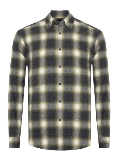 Germirli Albini Antrasit Yeşil Ekoseli Flanel Düğmeli Yaka Tailor Fit Pamuk Oduncu Gömlek - Germirli 