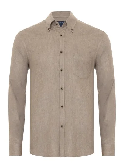 Germirli Albini Apres Ski Bej Balıksırtı Tailor Fit Düğmeli Yaka Lyocell Pamuk Flanel Gömlek - Germirli 