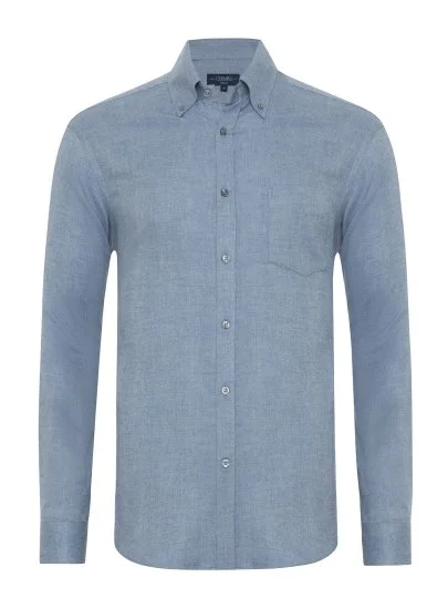 Germirli Albini Apres Ski Mavi Balıksırtı Tailor Fit Düğmeli Yaka Lyocell Pamuk Flanel Gömlek - Germirli 