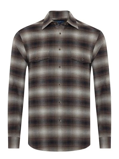 Germirli Albini Kahverengi Gri Ekoseli Flanel Tailor Fit Pamuk Oduncu Gömlek - Germirli 