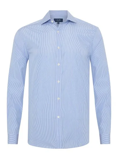 Germirli Albini Mavi İnce Çizgili Exclusive Super Piumino İtalyan Yaka Tailor Fit Pamuk Gömlek - Germirli 